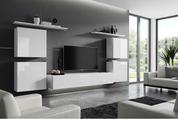 Compleet set van 7 stuks witte woonwand luxe inrichting modern tv-standaard