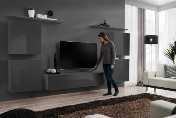 Grijze muur woonwand woonkamer meubilair luxe tv-standaard wandplank kast plank nieuw