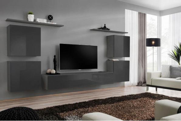 Grijze muur woonwand woonkamer meubilair luxe tv-standaard wandplank kast plank nieuw