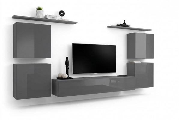 Grijze muur woonwand woonkamer meubilair luxe tv-standaard wandplank kast plank nieuw