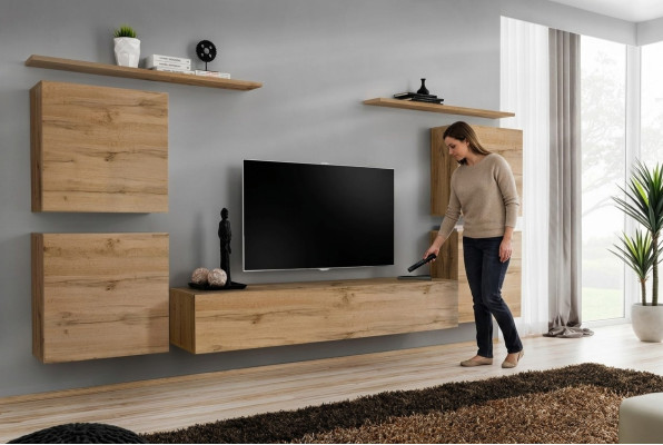 Ontwerp wandkast plank woonkamer hout tv-standaard wandrekken nieuw houten meubels.