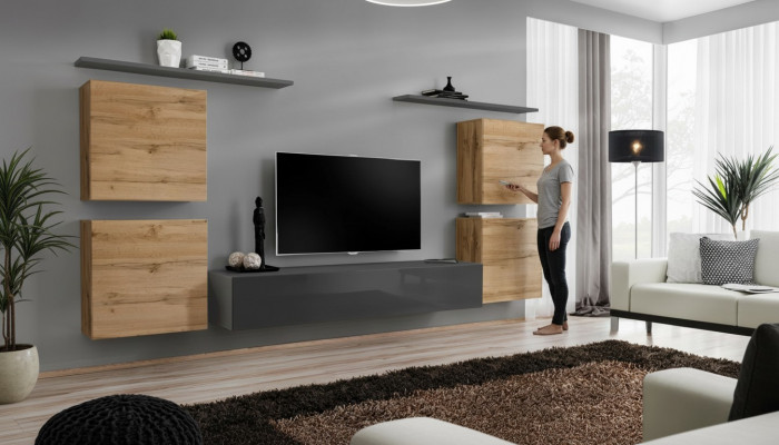Houten meubilair woonkamer grijs wandplank luxe inrichting nieuw