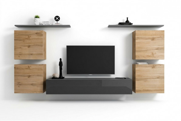 Houten meubilair woonkamer grijs wandplank luxe inrichting nieuw