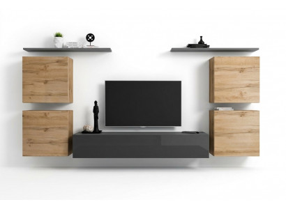 Houten meubilair woonkamer grijs wandplank luxe inrichting nieuw