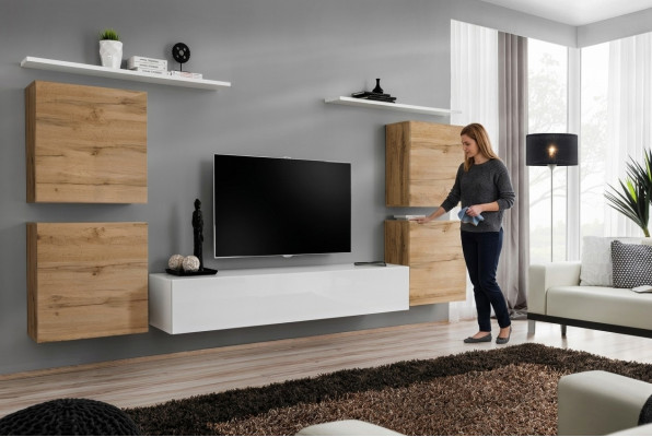 Luxe woonkamer rtv woonwand wandkast plank tv houten wandrekken nieuw