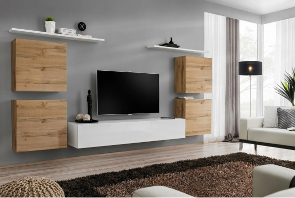 Luxe woonkamer rtv woonwand wandkast plank tv houten wandrekken nieuw