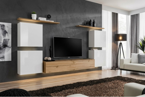 Set van 7 luxe nieuwe woonkamer meubels Bruin TV-standaard Wandkast Hout.