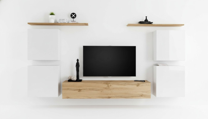 Set van 7 luxe nieuwe woonkamer meubels Bruin TV-standaard Wandkast Hout.