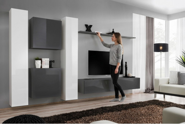 Grijze muurkast woonkamer muur plank design muur kast modern interieur