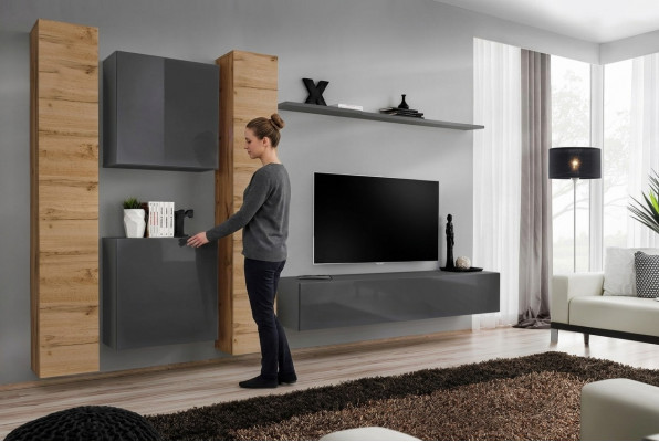 Designer woonwand muurplanken houten meubels woonkamer luxe houten meubelen stijl modern