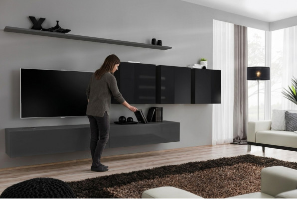 Woonwand Grijs Compleet 7-delige Designer Houten Meubel Sideboard Wandkast Wandplank