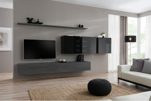 Woonwand Grijs Compleet 7-delige Designer Houten Meubel Sideboard Wandkast Wandplank
