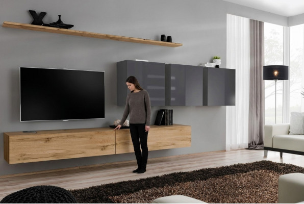 Bruine woonwand woonkamer wandkast wandplank kast designmeubels