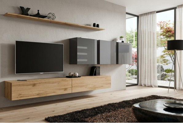 Bruine woonwand woonkamer wandkast wandplank kast designmeubels