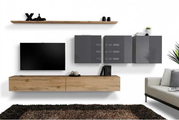 Bruine woonwand woonkamer wandkast wandplank kast designmeubels