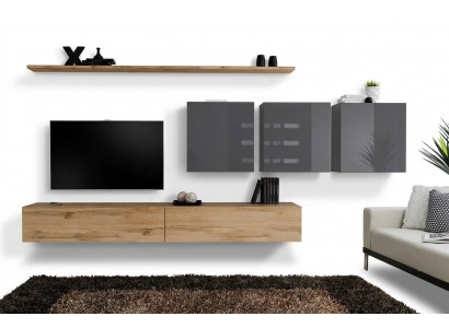 Bruine woonwand woonkamer wandkast wandplank kast designmeubels