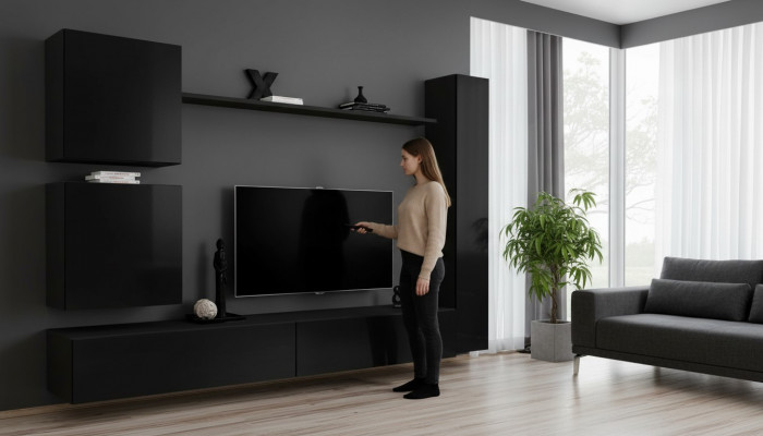 Luxe Zwarte Woonkamerkast Designer Wandkast Set 6-delig Houten Meubels Woonkamermeubels