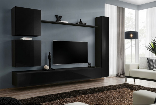 Luxe Zwarte Woonkamerkast Designer Wandkast Set 6-delig Houten Meubels Woonkamermeubels