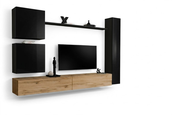 Woonkamer luxe inrichting woonwand zwart wandkast houten meubilair stijl ontwerp