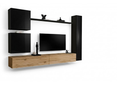 Woonkamer luxe inrichting woonwand zwart wandkast houten meubilair stijl ontwerp
