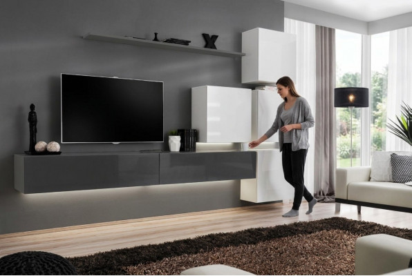 Grijze wandplank TV-standaard luxe compleet stijl modern woonkamer nieuwe inrichting