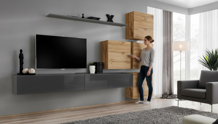Grijze tv-standaard wandplank luxe woonwand inrichting modern compleet dressoir