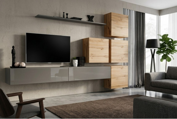 Grijze tv-standaard wandplank luxe woonwand inrichting modern compleet dressoir