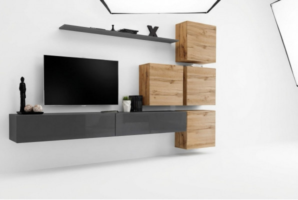 Grijze tv-standaard wandplank luxe woonwand inrichting modern compleet dressoir