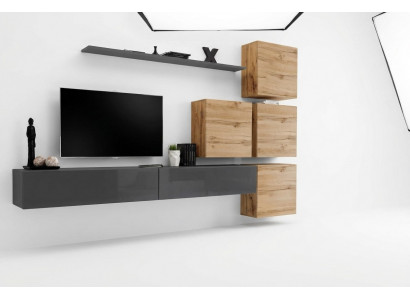 Grijze tv-standaard wandplank luxe woonwand inrichting modern compleet dressoir