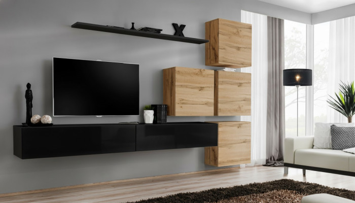 Set van 7 stuks. Woonkamer TV-standaard Hout Luxe Set Groep Wandkast