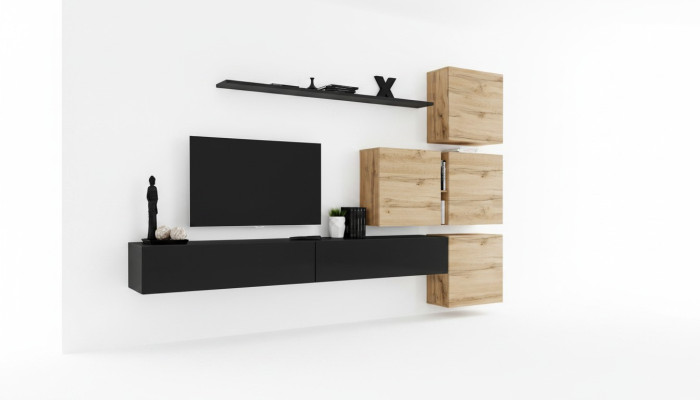 Set van 7 stuks. Woonkamer TV-standaard Hout Luxe Set Groep Wandkast