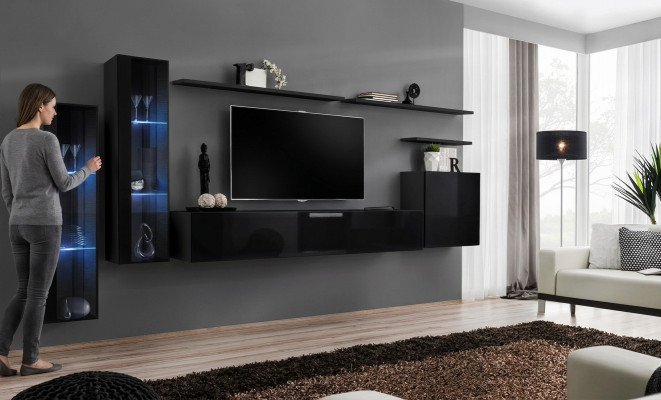 Zwarte woonkamerset woonkamer wandplank luxe vitrine compleet set