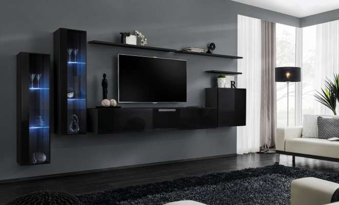 Zwarte woonkamerset woonkamer wandplank luxe vitrine compleet set
