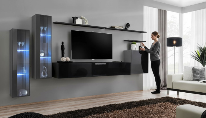 Designer zwarte woonkamer wandmeubel dressoir wandkast tv-standaard luxe set.