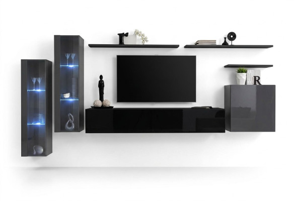 Designer zwarte woonkamer wandmeubel dressoir wandkast tv-standaard luxe set.