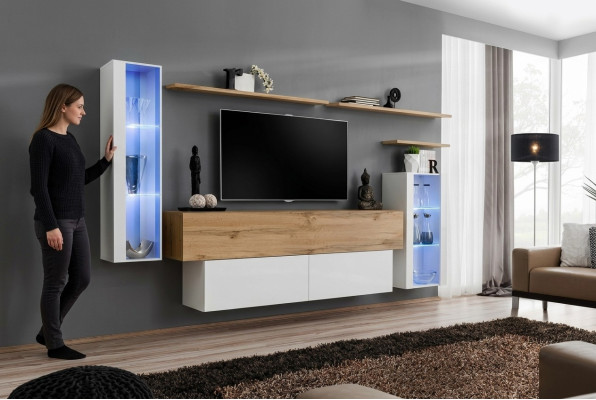 Moderne woonwand luxe houten wandplanken woonkamer meubels designinrichting