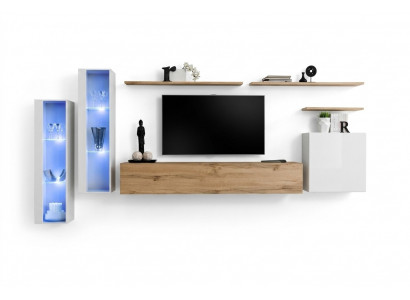 Moderne woonwand luxe houten wandplanken woonkamer meubels designinrichting