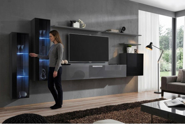 Woonkamer Hout Compleet Grijs TV-standaard Design 3x Wandkast Luxe Woonwand