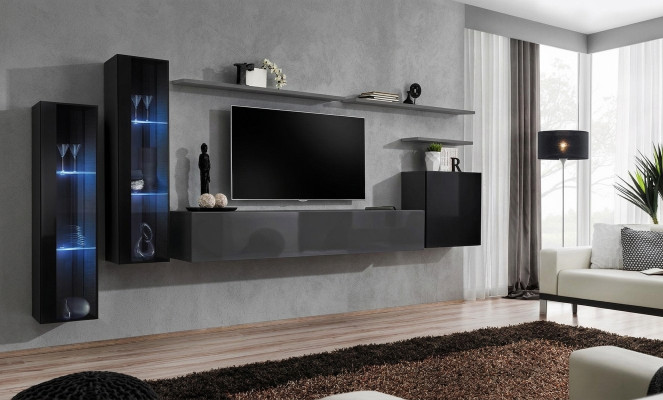 Woonkamer Hout Compleet Grijs TV-standaard Design 3x Wandkast Luxe Woonwand