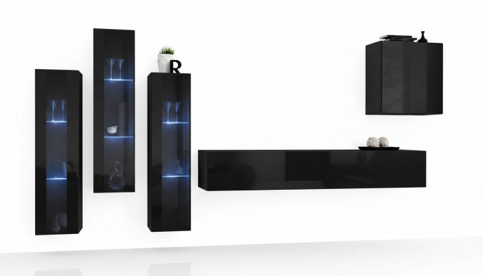 Zwart woonkamer wandmeubel set vitrinekast wandplank 5-delige inrichting.