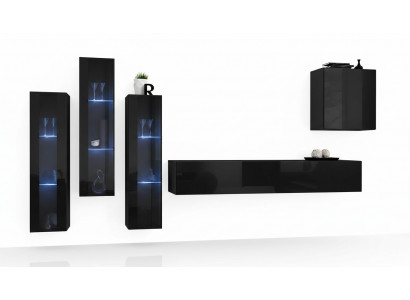 Zwart woonkamer wandmeubel set vitrinekast wandplank 5-delige inrichting.