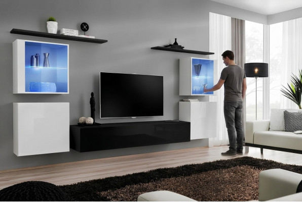 Houten meubels Zwarte woonkamer woonkamer muurrekken luxe inrichting kast nieuw