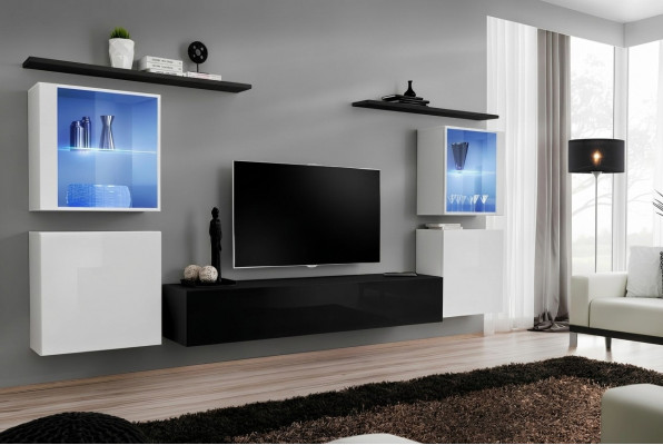 Houten meubels Zwarte woonkamer woonkamer muurrekken luxe inrichting kast nieuw