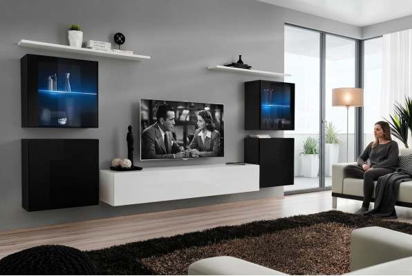 Woonkamer wand wit muurrekken tv-standaard compleet dressoir hoogglans inrichting