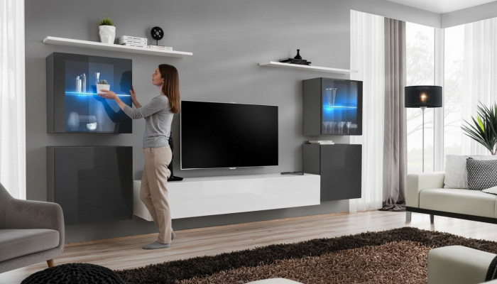 Wit hoogglans woonwand ontworpen wandkast wandrekken hout luxe meubels.