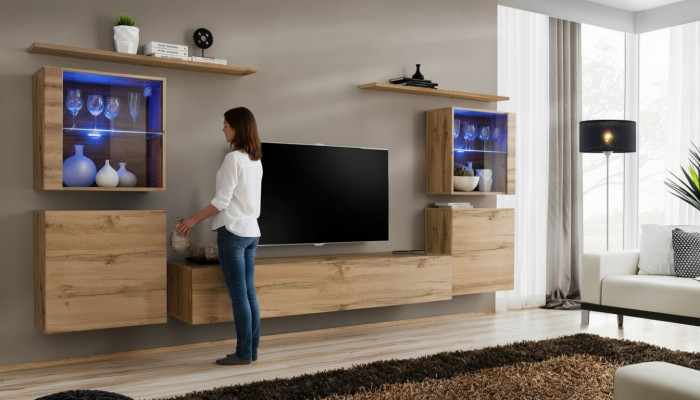 Wandmeubel Luxe Set 7-delig. Woonkamer Wandkast Wandplanken Houten Meubelset.