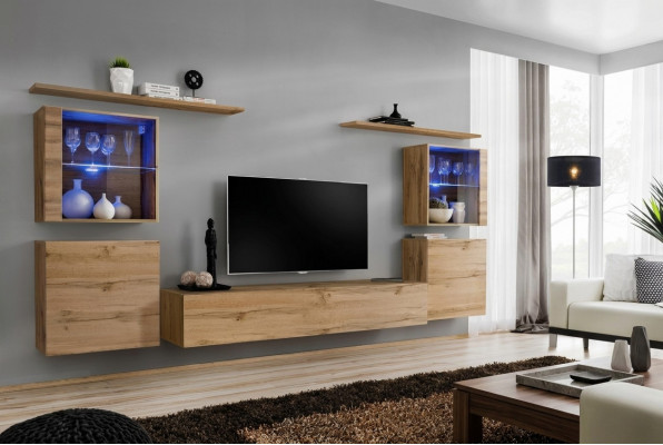 Wandmeubel Luxe Set 7-delig. Woonkamer Wandkast Wandplanken Houten Meubelset.