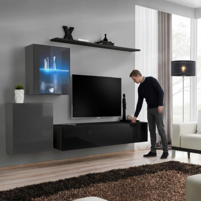 Woonkamer 2x muurkast inrichting hoogglans wandplank ontwerper houten meubels
