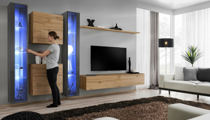 Complete bruin woonkamer set, hangende vitrinekast, wandkast, moderne designinrichting.