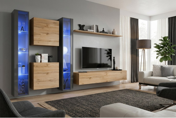 Complete bruin woonkamer set, hangende vitrinekast, wandkast, moderne designinrichting.